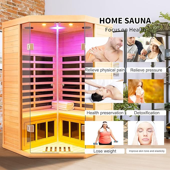 Infrared Sauna 2-3 Person Infrared Saunas for Home, Indoor Corner Sauna Spa Low Emf Infrared Sauna with 7 Color Therapy Dry Sauna for Home,2 Bluetooth Speakers, 2 LED Reading Lamp