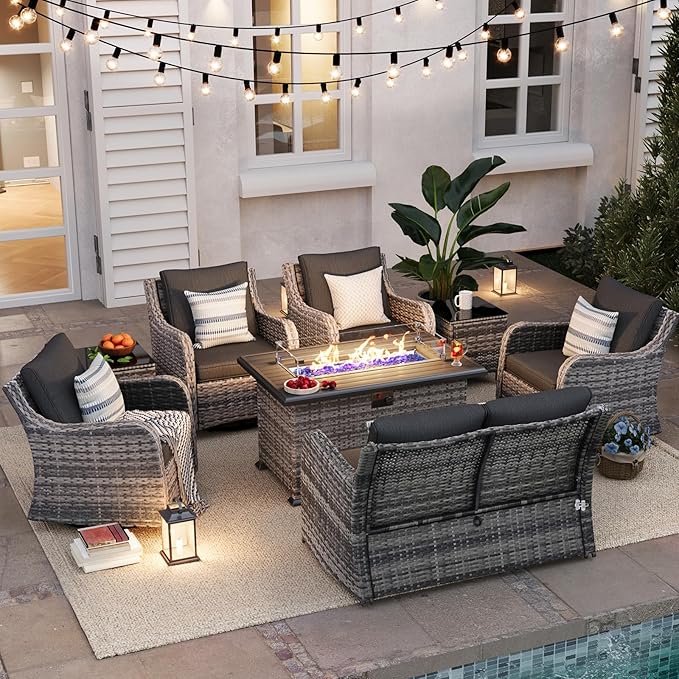 MEISSALIVVE 8 Pieces Patio Furniture Set with 43" Fire Pit Table, Wicker Patio Conversation Set with Swivel Rocking Chairs, Outdoor Patio Set for Lawn Backyard Porch (Grey)