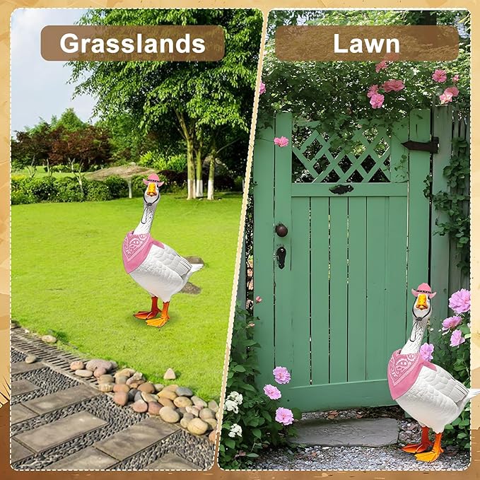 Porch Goose Outfits Western Cowboy Style, Lawn Cement Goose Clothes Outfits for Cement Goose Includes Adjustable Cowboy Hat and Scarf for 23/17″ Outdoor Statue(Pink)