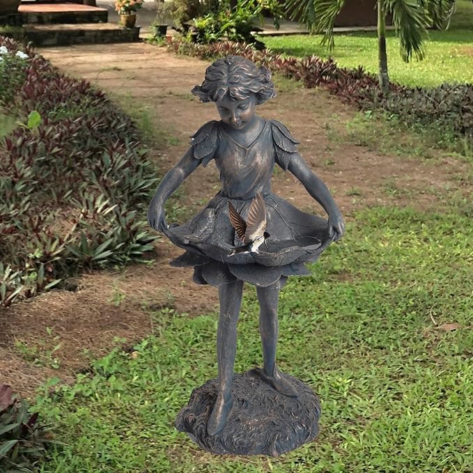 Outdoor Garden Statues - Bird Bath & Feeder Combo - Standing Angel Fairy Statues, 14.25*12.25*28.75 Inch