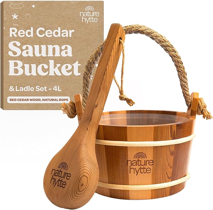 Red Cedar Sauna Bucket and Ladle Set 4L (1 Gallon) - Natural Rope Handle - Premium Red Cedar Wood - Natural Aroma - Elegant Gift-Ready Packaging