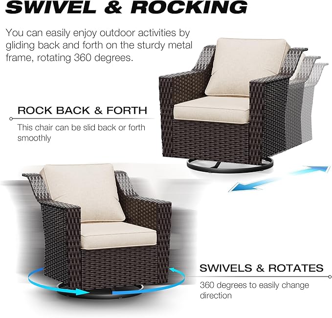 Joyside Wicker Patio Furniture Sets, 9 Pieces Upgraded Large Size Outdoor Furniture with Swivel Rocking Patio Chairs, Patio Dining Chair, 3-Seat Sofa, Outdoor Ottoman, Coffee Table, Thick Cushions