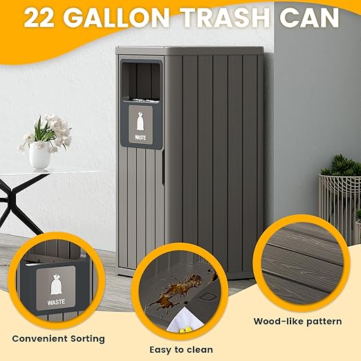 Outdoor Trash Can Waterproof Resin Garbage Can with Garbage Labels Outdoor Trash Bin for Patio, Garden,Kitchen