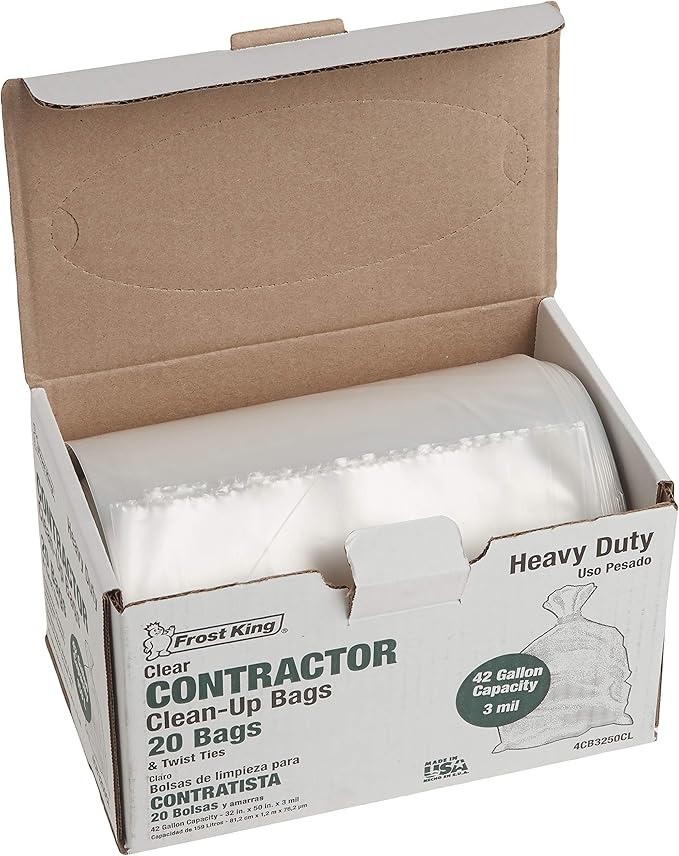 Frost King CB3250 Boxed Heavy Duty Contractor Clean-Up Bags, 32 inch x 50 inch x 3 Mil., 20 Bags, Clear, 1 Count (Pack of 1)