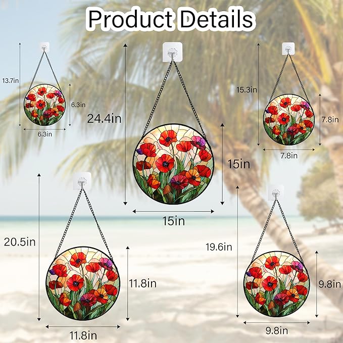 Stained Glass Window Hanging - Poppy Birth Flowers Suncatcher for Door Garden Yard Wildflowers Sun Catchers Decor Christmas Mother's Day Birthday Gifts for Women Mom Nana Friend 6.3 in