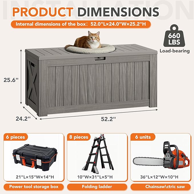 130 Gallon Deck Box Outdoor Indoor Waterproof Storage Box for Patio Furniture, Pool Accessories, Garden Tools, and Cushion Storage, Coffee