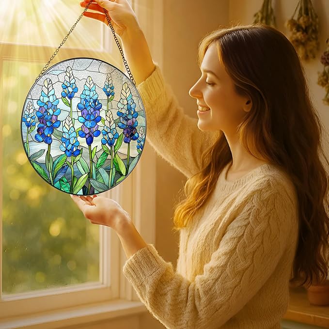 8'' Texas Bluebonnet Sun Catcher Ornament, Stained Glass Window Hanging, Suncatchers for Windows Hanging Ornaments, Window Decor | Flower Lover Gift, Gifts for Mom Grandma