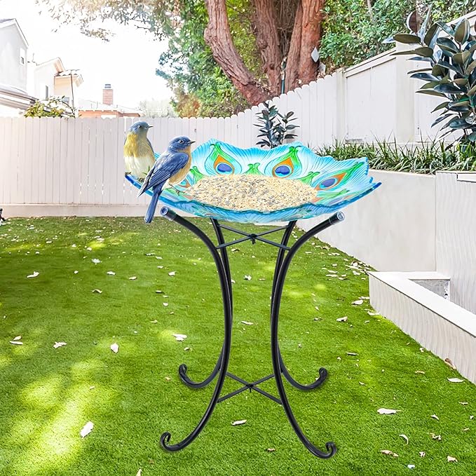 MUMTOP Outdoor Glass Birdbath with Metal Stand for Outside Yard Garden Decor, 18 inch Diameter Peacock Bird Baths Bowl for Outdoors, 21.65 inch Height