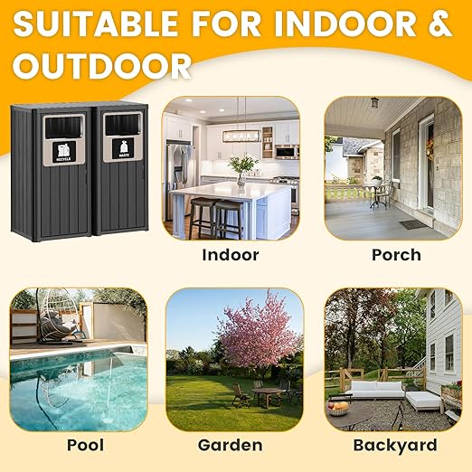 2pcs Outdoor Trash Can Waterproof Resin Garbage Can with Garbage Labels Outdoor Trash Bin for Patio, Garden,Kitchen, Black