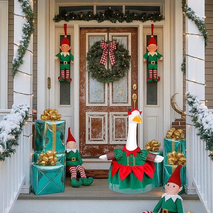 Christmas Porch Goose Outfit Dresses Clothes for 23" High Cement or Plastic Porch Goose Costume for Yard Lawn Outdoor Garden Patio Statue Xmas Santa Holiday Decor