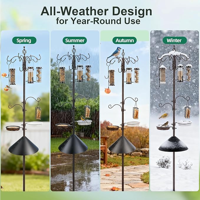 Bird Feeding Station Kit with Squirrel Baffle Bird Feeder Pole with Suet Cage Mesh Tray Fruit Hook Double W Hook for Attracting Wild Birds and Hanging Planter Hanger Lights
