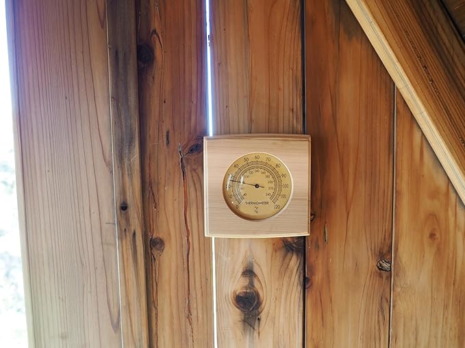 HSE Cedar Sauna Thermometer - Mechanical Thermometer with Minimalist Design and Glass Dials