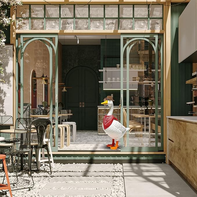 Porch Goose Outfits Western Cowboy Style, Lawn Cement Goose Clothes Outfits for Cement Goose Includes Adjustable Cowboy Hat and Scarf for 23/17″ Outdoor Statue (Brown,Red)