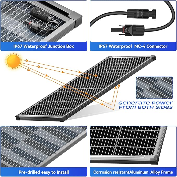 Bifacial 100 Watt Solar Panel 2Pack, 12BB 12V/24V Monocrystalline High-Efficiency Module PV Power Charger Solar Panels for Homes Camping RV Battery Boat Caravan and Other Off-Grid Applications