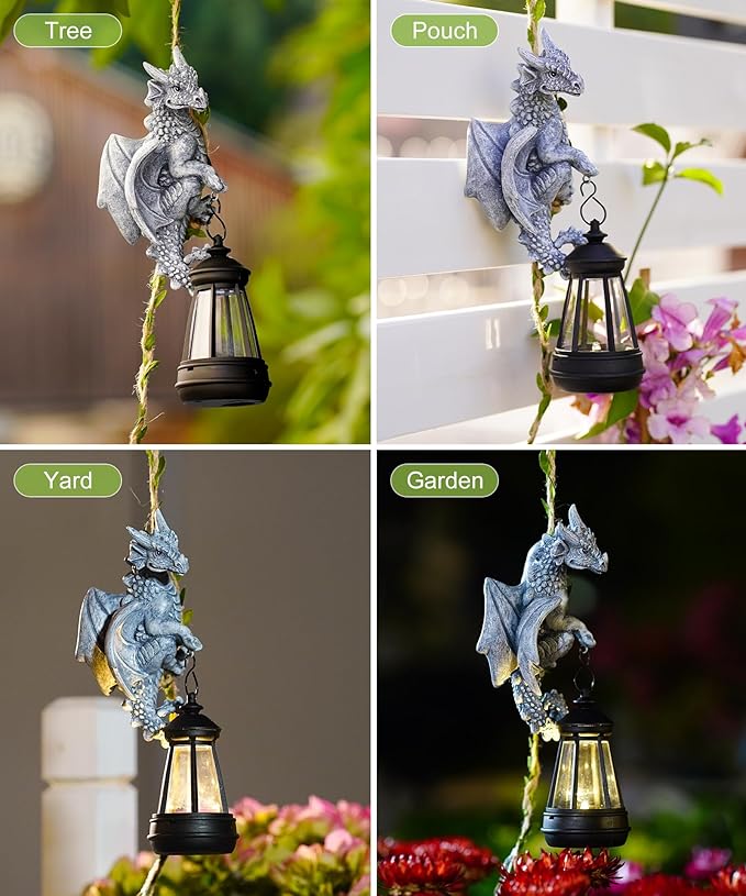 Nacome Dragon Outdoor Statues for Garden: Outside Hanging Climbing Sculptures with Lantern Decor for Yard Art Porch Balcony - Birthday Gifts for Grandma Mom Women