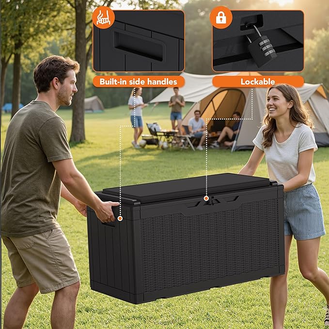 110 Gallon Deck Box Outdoor Indoor Waterproof Storage Box for Patio Furniture, Pool Accessories, Garden Tools, and Cushion Storage, Black