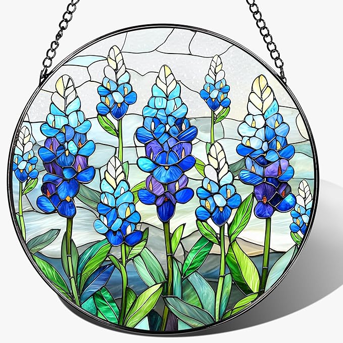 8'' Texas Bluebonnet Sun Catcher Ornament, Stained Glass Window Hanging, Suncatchers for Windows Hanging Ornaments, Window Decor | Flower Lover Gift, Gifts for Mom Grandma
