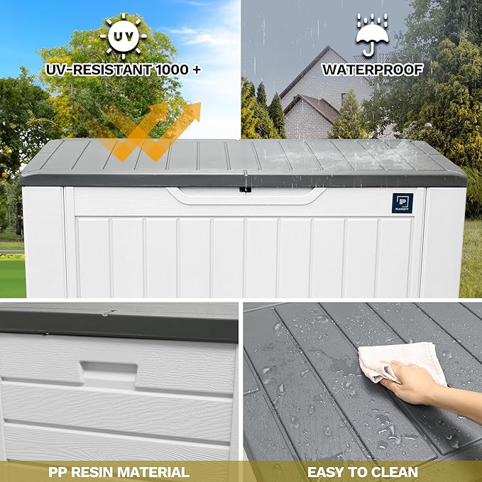 230 Gallon Large Outdoor Storage Box, Durable Deck Boxes Outdoor Waterproof, Resin Waterproof Deck Box for Patio Furniture Outdoor Cushions Garden Tools and Pool Storage (White, 150Gallon)