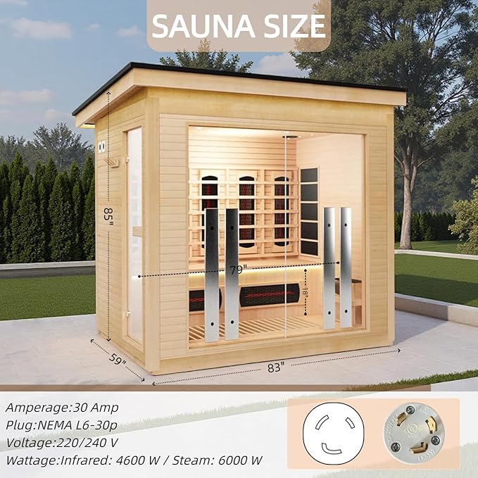 4-Person Far Infrared & Steam Dual-System Sauna Room, Outdoor Canadian Hemlock Wood Sauna, WiFi Control, Red Light Therapy, 14 Heaters& Electric Stove, Left Door, 220-240V