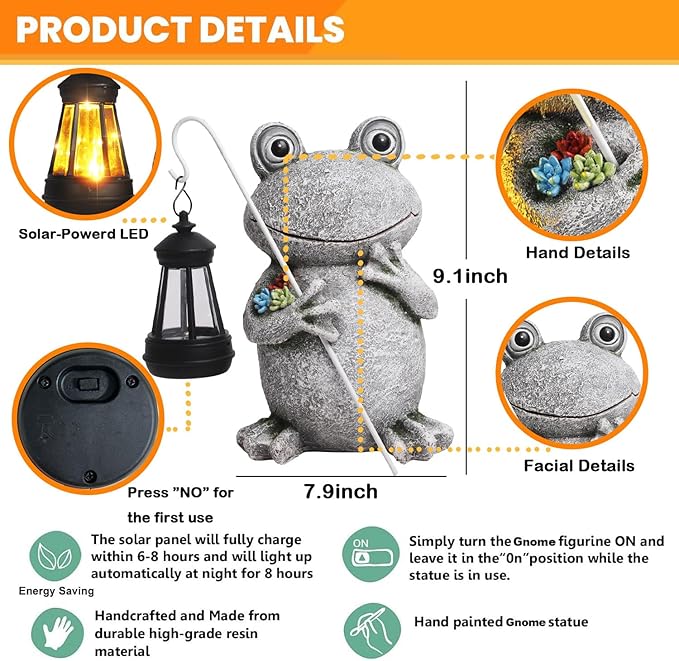 Frog Solar Garden Statues, Resin Frog Figurine Decorations, Outdoor Frog Decor Art for Lawn,Yard, Unique Housewarming Gift for Garden Home