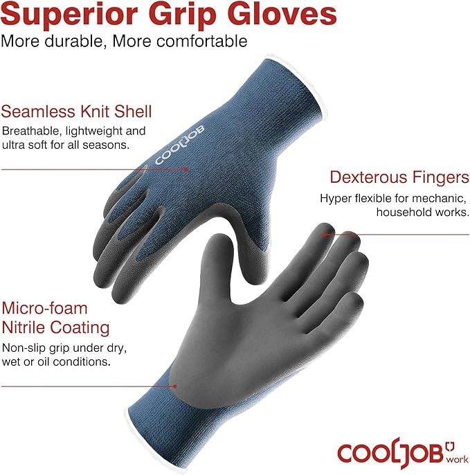 COOLJOB 2 Pairs Micro-Foam Nitrile Safety Work Garden Gloves with Touchscreen Fingers, Lightweight Working for Men’s Sweaty Hands, Non-slip Coated Grip Fits Most Tasks, Medium, Blue & Black