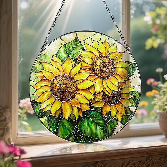 Sunflower Stained Glass Suncatcher, 8 Inch Sun Catchers Indoor Window, Stained Glass Window Hanging, Windows Dedor and Christmas, Mother's Day, Birthday, Gifts for Women Mom, Idea Gift, Gift Exchange