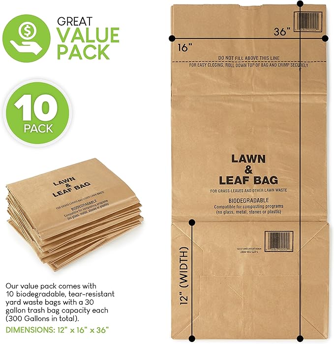 30 Gallon Kraft Lawn and Leaf Bags (10 Pack) Eco-Friendly Heavy Duty Large Paper Trash Bags, Made in the USA Tear Resistant Yard Waste Bags for Grass Clippings, Wet and Dry Leaves, Weeds, Twigs