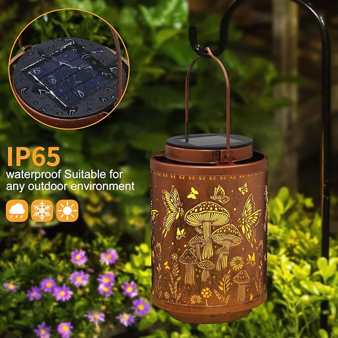 2 Pack Solar Lanterns Outdoor Waterproof Garden Decor Gifts for Women Mon Grandma Metal Hanging Solar Lights Decoration for Outside LED Lanterns for Yard Patio Lawn(Mushroom)