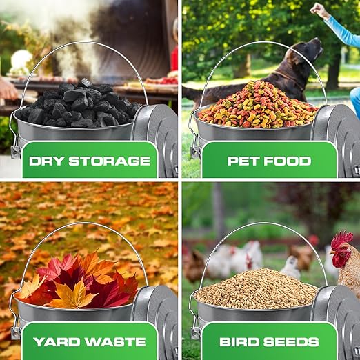 Plexon 6 Gallon Small Metal Trash Can with Lid Outdoor Locking Galvanized Metal Garbage Can with Lid for Poultry Feed Bird Seed Storage Ash Galvanized Bucket