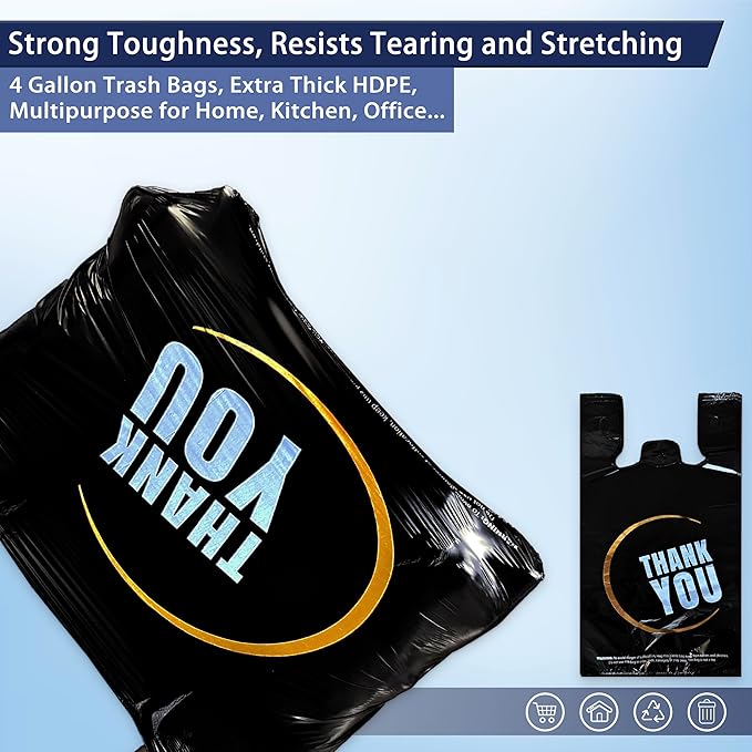 4 Gallon Small Black Trash Bags with Handles 100 Count, 11" x 21" Plastic Garbage Bags for Home, Kitchen, Office, Bathroom Thank You T-Shirt Style Bags for Small Business, Takeout, Grocery Use