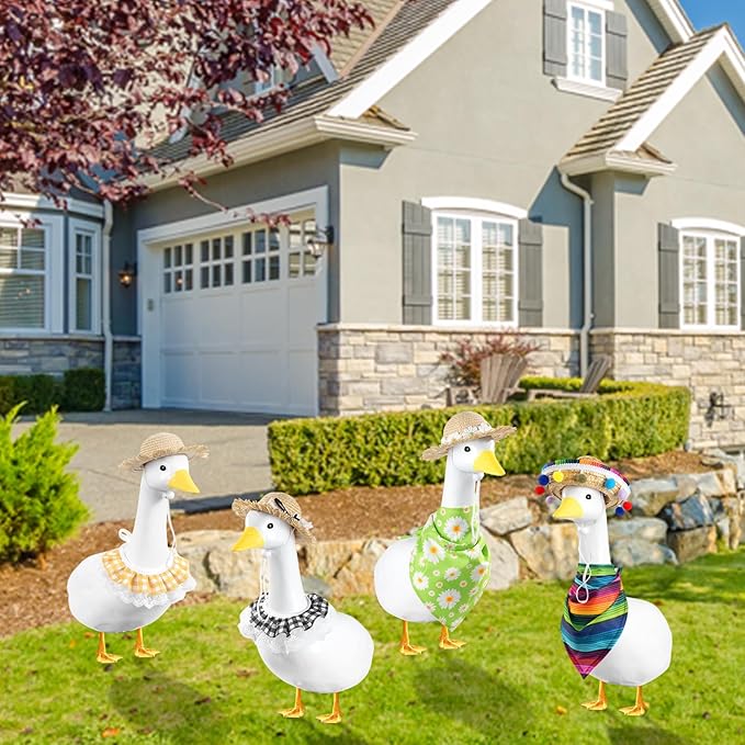 4 Set Porch Goose Outfits for 23"& 17" Goose Statue, Straw Hats & Bow Tie Porch Goose Cloth Set for Outdoor Yard, Garden and Lawn Patio Decor