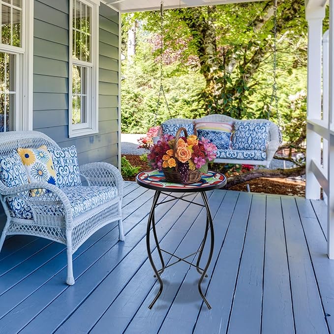 MUMTOP Side Patio Tables-Mosaic Outdoor Side Table - 14’’ Symmetrical Pattern Glass Accent Round End Table, Plant Stand Indoor Small Coffee Table for Garden or Living Room Decor