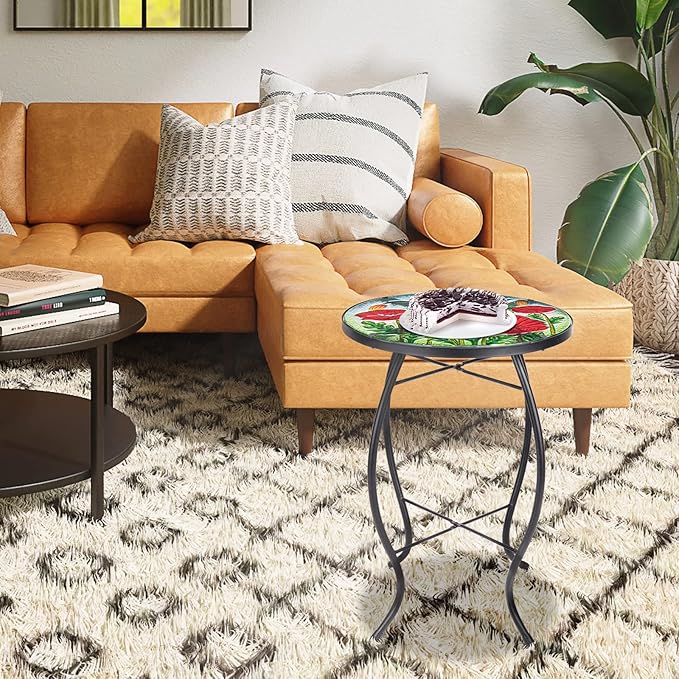 MUMTOP Outdoor Side Table - Small Mosaic Patio Tables, 14” Round Accent End Coffee Glass Plant Stand for Garden Living Room(Poppy)