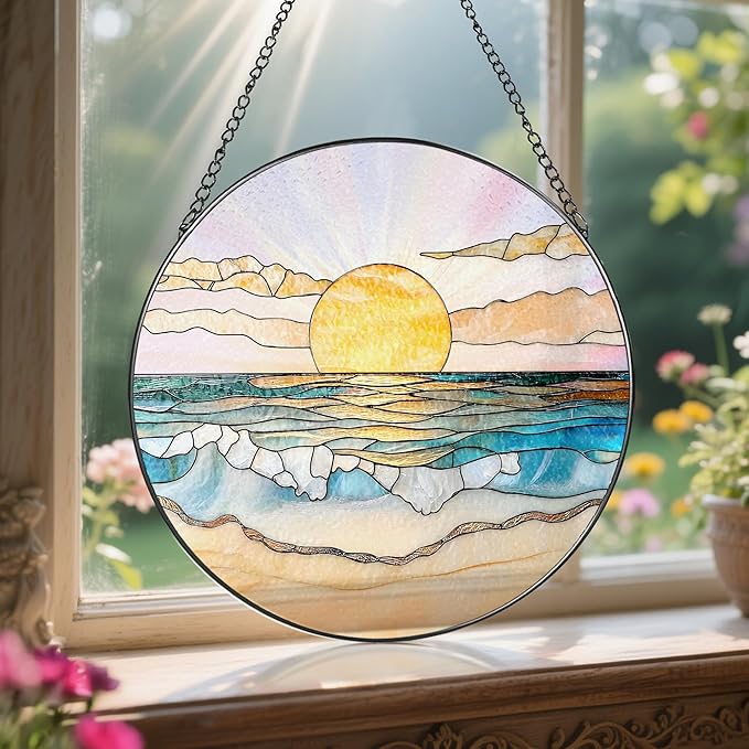 8'' Ocean Sunset Suncatcher Ornament, Stained Glass Window Hanging, Suncatchers for Windows Hanging Ornaments, Window Decor | Beach Lover Gift, Summer Vibes Gift, Gifts for Friends, Famliy