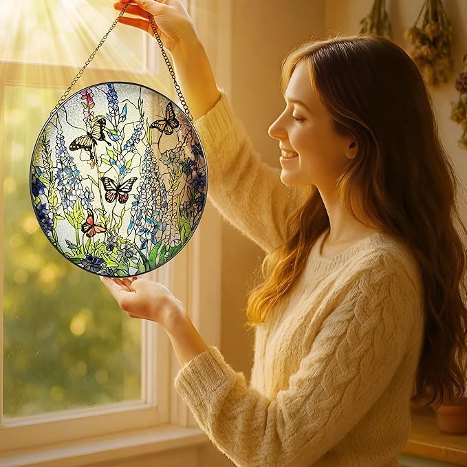 Lavender Monarch Butterfly Stained Glass Suncatcher, 8 Inch Windows Hanging Art, Stained Glass Windows Hanging, Plant Lover Gifts for Women, Gifts for Butterfly Lovers, Idea Gift, Gift Exchange