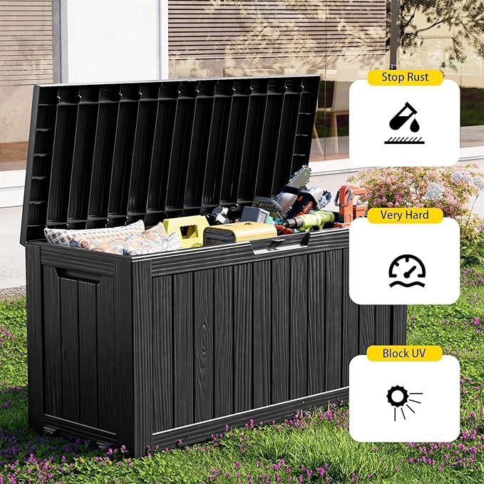Outdoor Storage Box with Wheels – 85 Gallon Mobile Waterproof Resin Deck Box, Lockable Storage for Patio Cushions, Garden Tools, Pool Accessories – UV-Resistant Storage Bench for Backyard & Deck