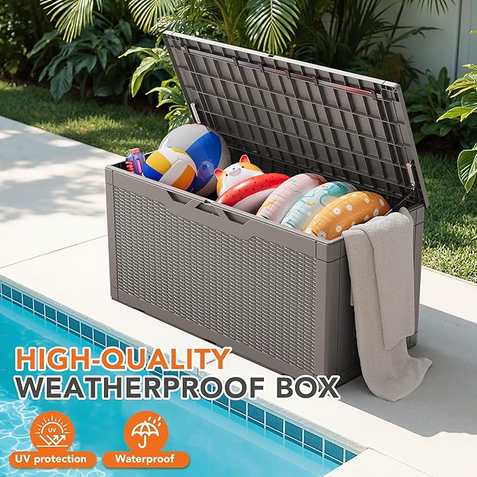 110 Gallon Deck Box Outdoor Indoor Waterproof Storage Box for Patio Furniture, Pool Accessories, Garden Tools, and Cushion Storage, Coffee