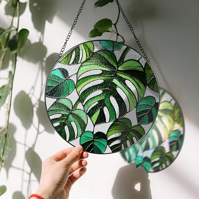 Stained Glass Window Hanging, 8 Inch Monstera Plant Stained Glass Suncatcher, Plant Sun Catcher, Plant Lover Decor, Plant Lover Gifts, Mother's Day, Birthday, Housewarming, Christmas, Festival Gifts