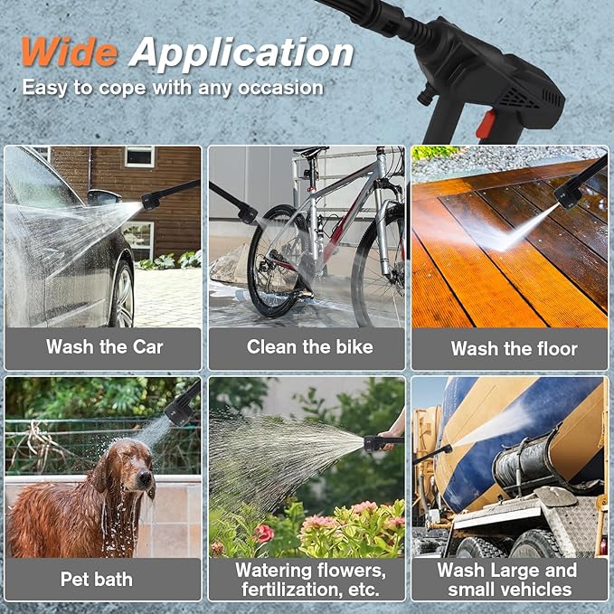 Portable Cordless Pressure Washer, Electric Pressure Washer Battery Powered with 2 Batteries & 6-in-1 Nozzle, 16FT Hose,Handheld Car Washer for Floor Wall Fence Cleaning Garden Watering