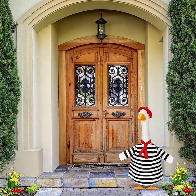 French Look Porch Goose Outfit Set for Cement Lawn Artist Hat Beret Red Scarf Black White Striped for Outdoor