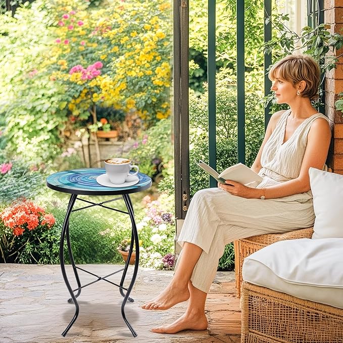 MUMTOP Outdoor End Tables for Patio, The Milky Way Small Round Side Table, Glass Accent Table for Outside, Garden, Balcony, Porch, Indoor Home Decor