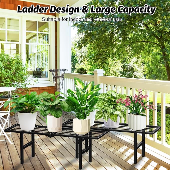 1 Tier Plant Stand Indoor Outdoor, 2 Pack Foldable Heavy Duty Metal Plant Shelf, Multi-Plant Display Flower Pot Holder for Garden Patio Balcony, Black