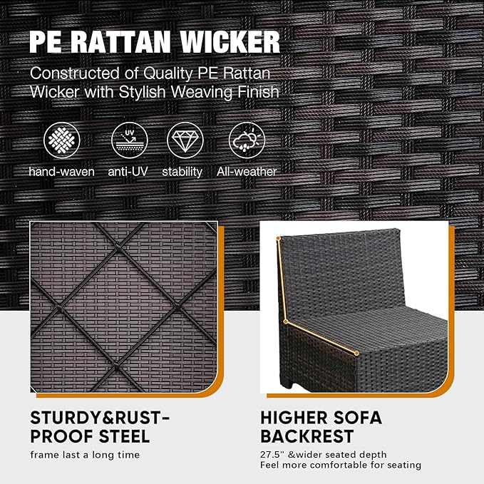 6 Pieces Patio Furniture Set All-Weather Outdoor Wicker Sectional Conversation Sofa Rattan Patio Seating Sofa with Cushion and Glass Table for Porch Poolside,Navy