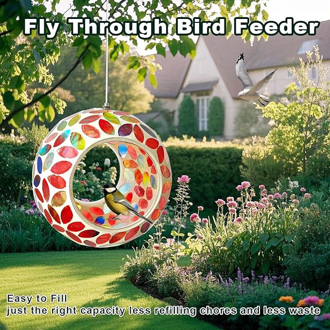 Mosaic Bird Feeder, Outside Hanging with Round Shape Glass BirdFeeders to Attract More Wild Birds, Mosaic Fly Through for Garden, Yard, Backyard, Deck and Porch Decor, Red 7-Inch