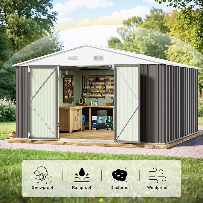 JUMMICO 10 x 10 FT Outdoor Storage Shed, Large Metal Garden Shed & Tool Sheds for Backyard Garden Patio Lawn (Grey)