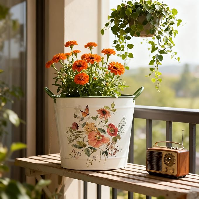 Set of 3 Vintage Floral Butterfly Metal Planter Pots, Decorative Flower Buckets with Handles, Rustic Farmhouse Plant Containers for Indoor Outdoor Gardening, Succulents, Herbs, Home Decor
