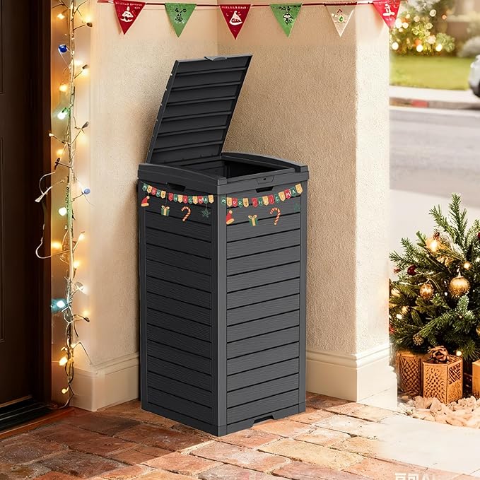 31 Gallon Double-Lid Outdoor Trash Can with Leak-Proof Slide Tray, Weatherproof Resin Waste Bin for Patio, Garden, Indoor and Backyard, Black