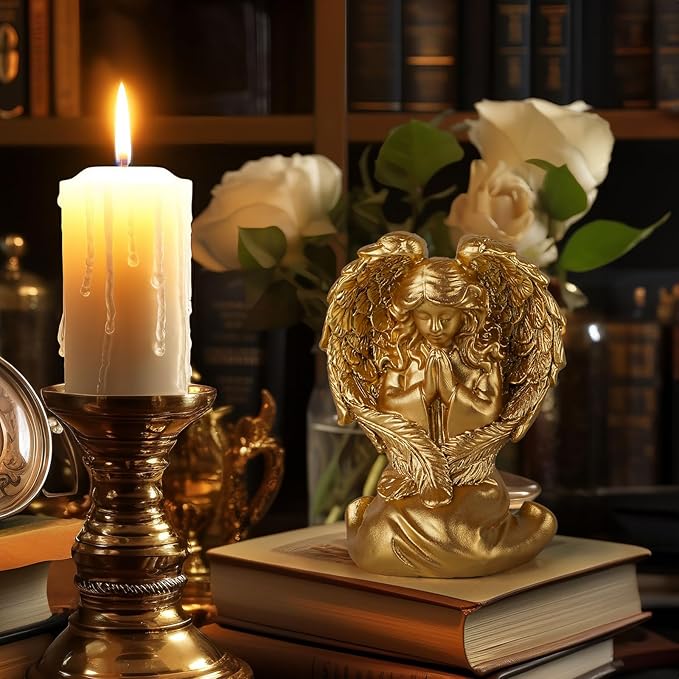 INLOMEM Praying Angel Figurine, Sculpted Hand-Painted Figurine Angel Wings Statue for Home Decor or Garden First Communion Gifts for Girls Religious Gifts for Women (Gold)