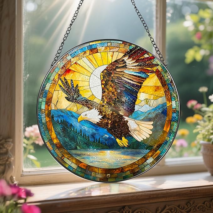 Bald Eagle Sun Catcher, 8 Inch Stained Glass Suncatcher, Stained Glass Window Hanging, Bald Eagle Indoor Decor, Idea Gift, Gift Exchange