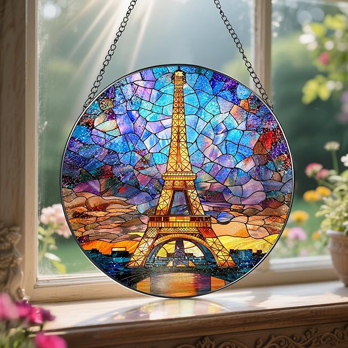Eiffel Tower Sun Catcher, 8 Inch Stained Glass Suncatcher, Stained Glass Window Hanging, Eiffel Tower Indoor Decor, Idea Gift, Gift Exchange